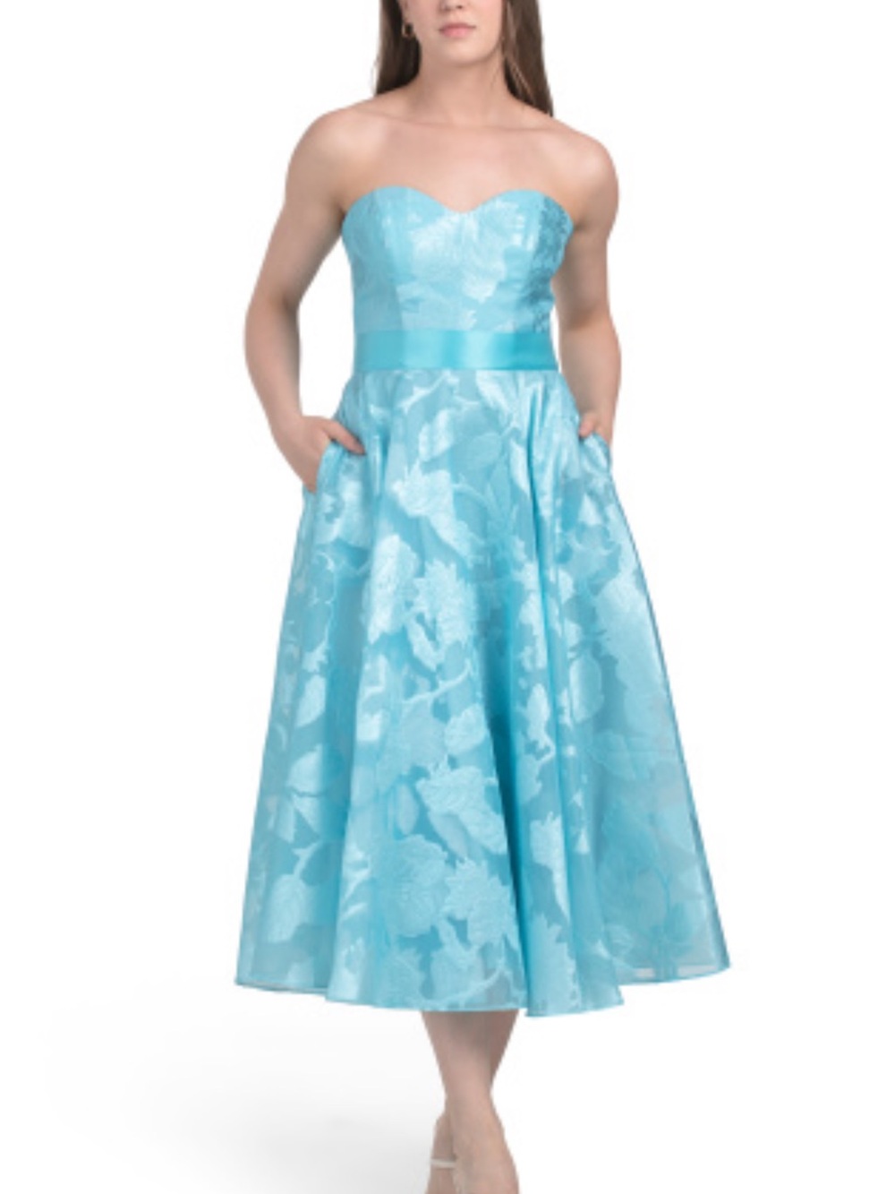 Rene Ruiz Strapless Aqua Floral Tea-Length Dress